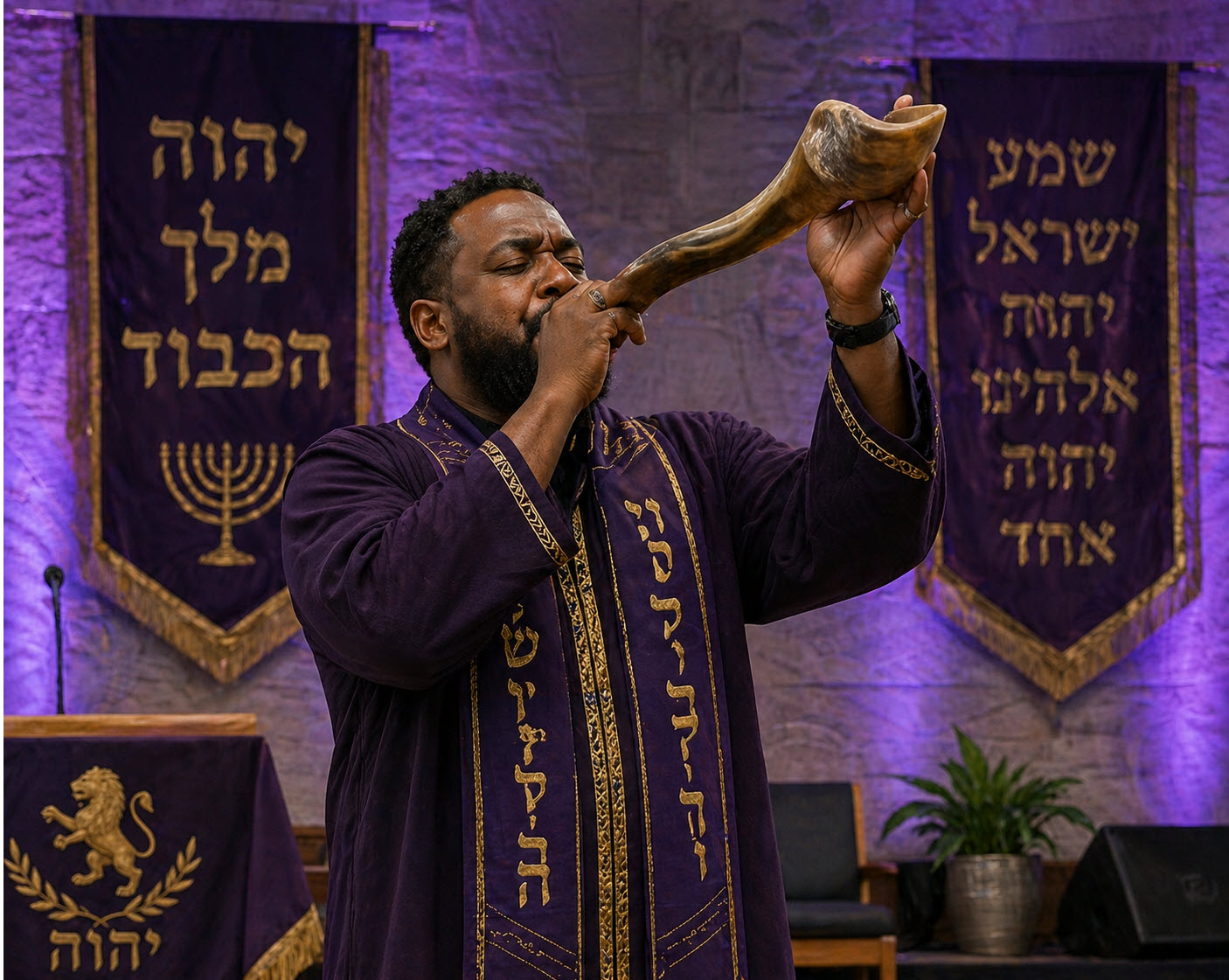 Man blowing a shofar at First Tabernacle Fellowship sanctuary